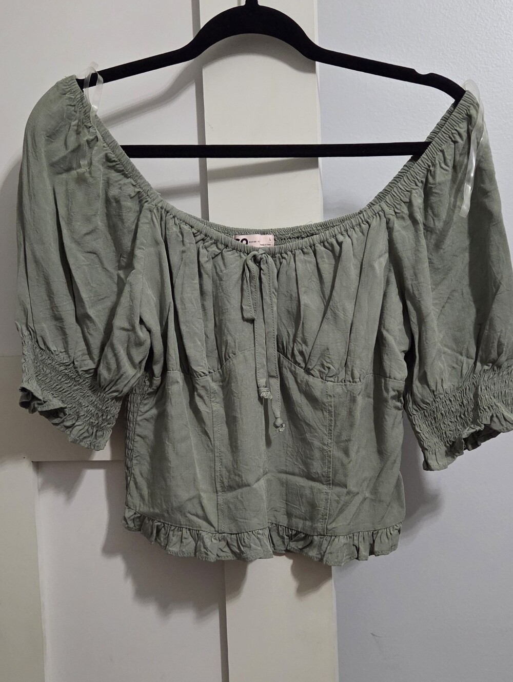 SO Sage Green Off-Shoulder Peasant Blouse with Ruffle Hem